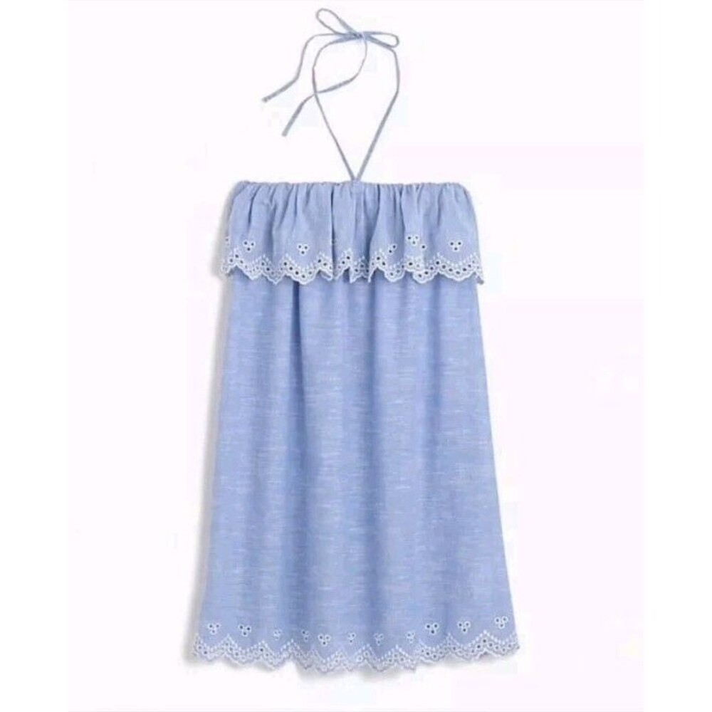 J Crew Chambray Eyelet Beach Dress Cover Up Mini Dress 6 Coastal Vacation Flowy